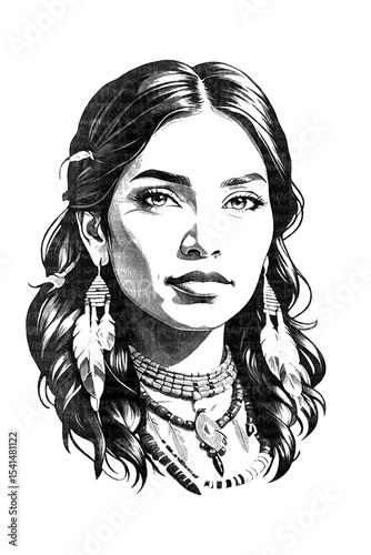 Serene native american woman, high detailed sketch art