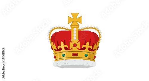 Cartoon illustration of a golden royal crown with red velvet and white fur trim on a white background.