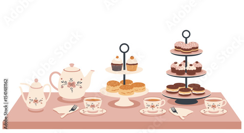 Illustration of a tea party setup with teapot, sugar bowl, teacups, scones, cupcakes, and tiered cake stands on a pink surface.