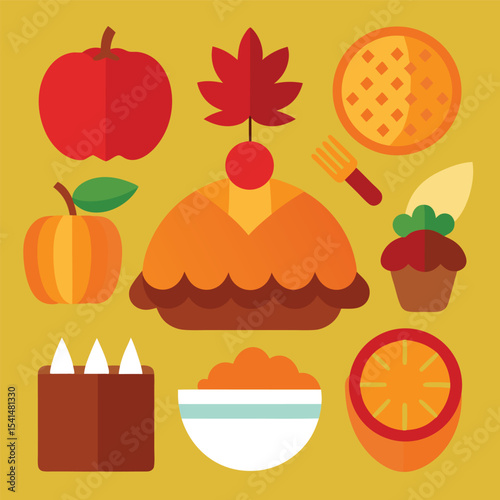 Flat Design Thanksgiving Food Icons on Gold Background Featuring Apple Pumpkin Pie Stuffing Cranberry Sauce and Other Holiday Meal Elements for Graphic Design Projects
