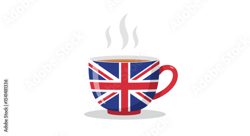 A red teacup decorated with the Union Jack flag, steaming hot beverage.