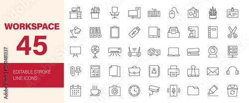 Workspace icon set. Containing office, coworking, equipment, furniture, devices, documents, business and more. Editable line icons. Vector illustration.