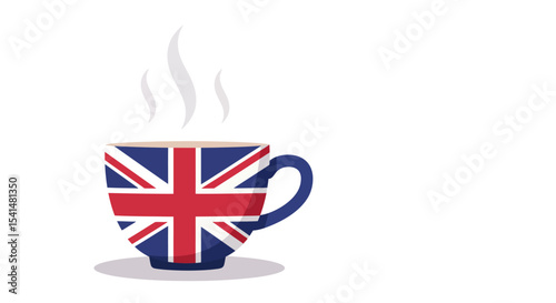 A steaming cup of tea, adorned with the Union Jack, sits on a white background.