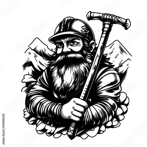 Grizzled mountain miner, holding pickaxe, high detailed sketch art