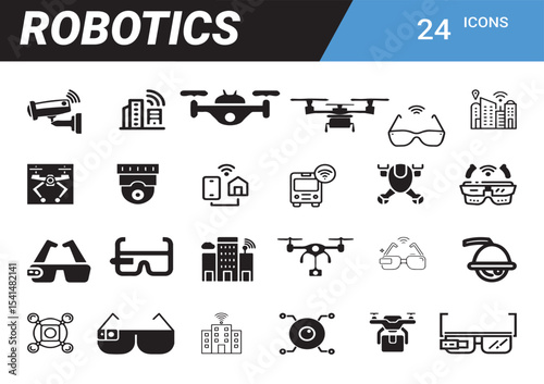 Robotics Icons: A set of twenty-four distinct robotics icons presents a variety of themes of drones, surveillance, and technology, rendered in crisp black and white on a clean canvas.