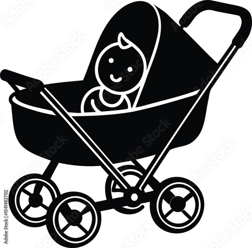 A simple black and white line drawing of a baby stroller