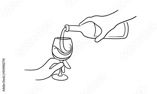 Continuous line champagne cheers one line art, continuous drawing contour. Hands toasting with wine glasses with drinks. Cheers toast festive decoration for holidays. Vector illustration	