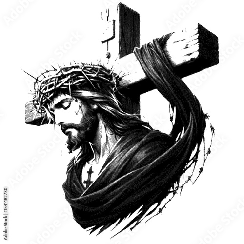 Christs somber gaze, a crown of thorns, high detailed sketch art