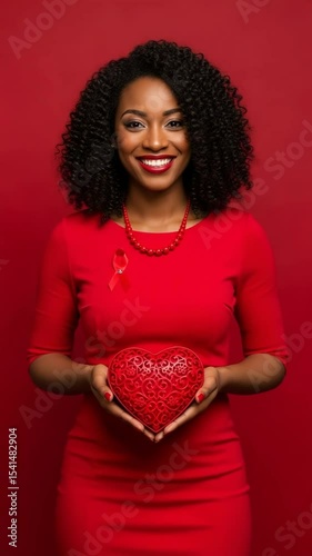 Woman wearing red holding heart symbol for hiv awareness