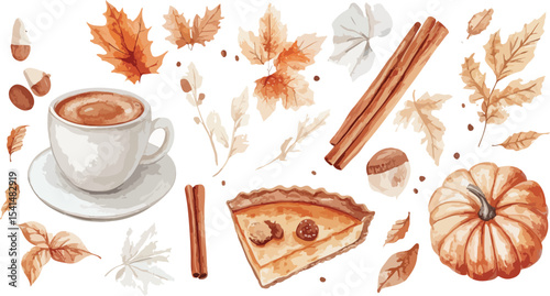 Watercolor Autumn Still Life with Coffee Pie Pumpkin Cinnamon Sticks and Leaves Perfect for Thanksgiving or Fall themed Designs Isolated on White Background Vector Illustration