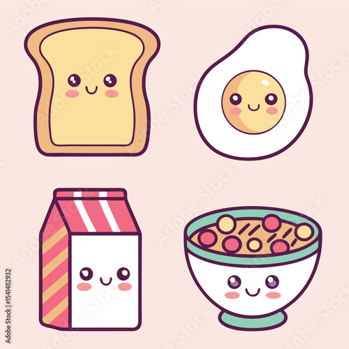 Cute Breakfast Food Icons Featuring Toast Fried Egg Cereal Bowl and Milk Carton with Kawaii Faces on a Light Pink Background for a Fun Design