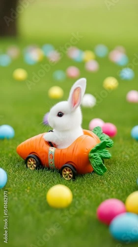 Cute bunny in carrot car surrounded colorful easter eggs