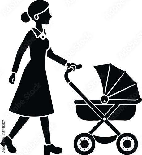 Silhouette of a woman pushing a baby stroller, symbolizing motherhood and care