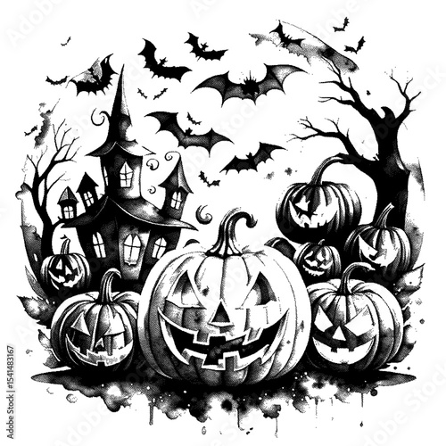 Grinning pumpkins and a haunted house, bats overhead high detailed sketch art