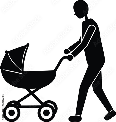 Black silhouette illustration of a person pushing a baby stroller or pram