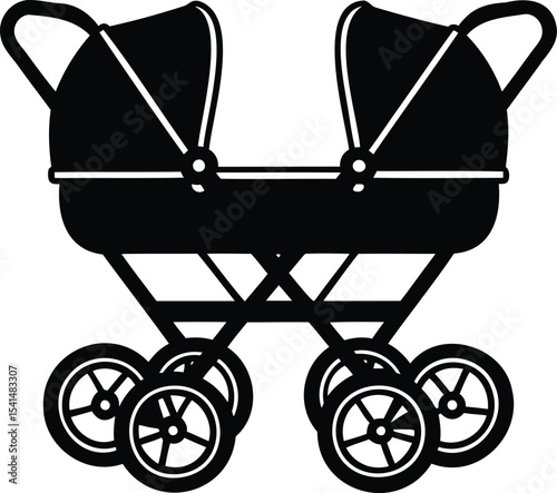 A simple black and white illustration of a double baby stroller