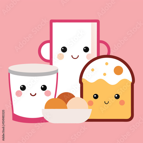 Cute Cartoon Breakfast Illustration Featuring a Glass of Milk a Tall Mug a Slice of Cake and a Bowl of Eggs on a Pink Background