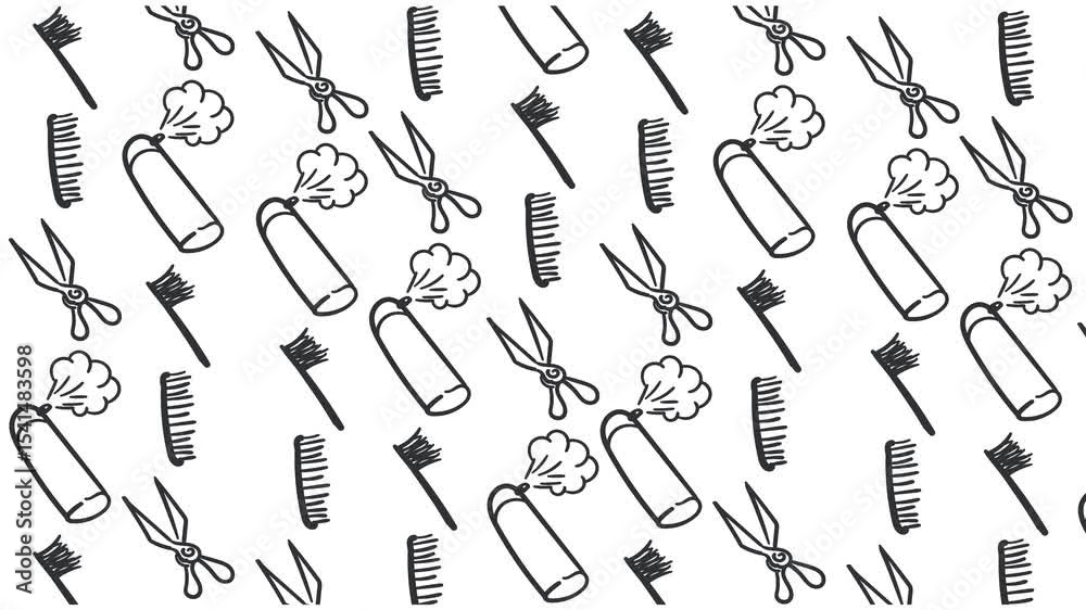 Animation of moving tools for a beauty salon. Among the objects are scissors, a spray can of varnish, snorting a cloud. There is also an eyelash comb and a brush.