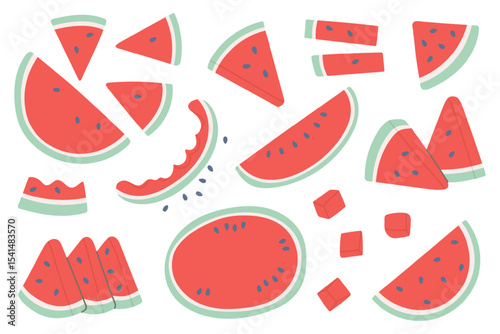 Flat vector illustration of watermelon slices and pieces in various shapes and cuts. Bright and playful summer-themed design perfect for seasonal, food, or tropical content.
