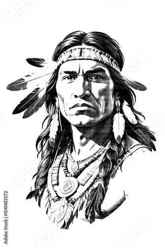 Native american man portrait, high detailed sketch art