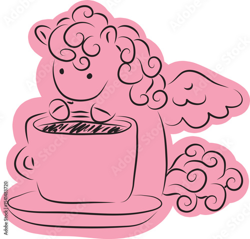 Cute little pegasus pony with curly mane sitting next to cup with drink on saucer, drawn with simple black curved lines and casually colored in pink