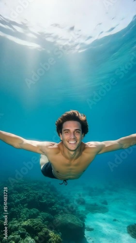 Swimming underwater: man enjoying ocean diving adventure