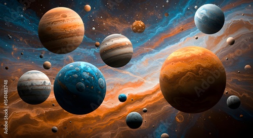 Stunning Cosmic Nebula with Multiple Planets in Space