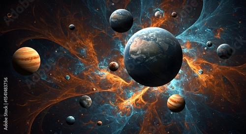 Planetary System with Earth, Jupiter, and Cosmic Nebula