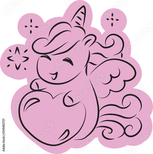 Cute happy little pegasus unicorn pony laughing happily and holding a big heart drawn with simple black curved lines and casually colored in purple