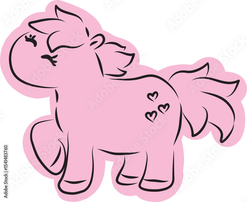 Cute happy little pony standing with one hoof raised, full length side view, drawn with simple black curved lines and casually colored in pink