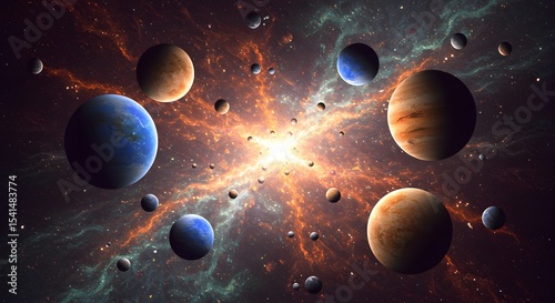 Colorful Planetary System with Bright Nebula Background