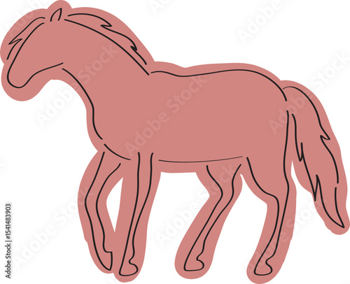 Outline of a standing horse silhouette, full size, side view, hand drawn with simple black curved lines and loosely colored in warm tones