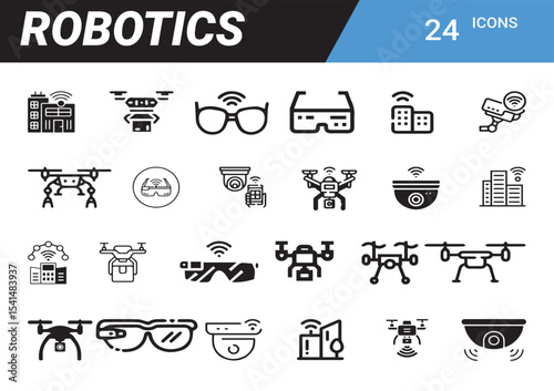 Robotics Icons: A comprehensive collection of modern robotics icons, encompassing various aspects of technology and automation in a clear and concise manner.
