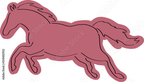Full size outline of a galloping horse, side view, hand drawn with simple black curved lines and loosely colored in warm tones