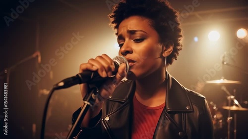 Singer performing on stage with microphone warm stage lights
