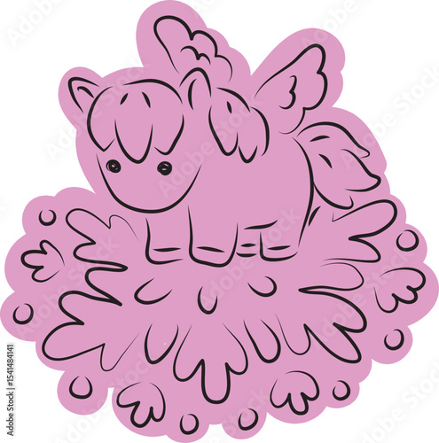 Cute little pegasus pony standing on a big snowflake, drawn with simple black curved lines and casually colored in purple