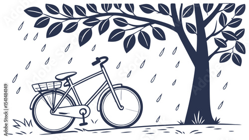 Illustration of a bicycle parked under a tree during a rain shower with leaves and grass around it outside