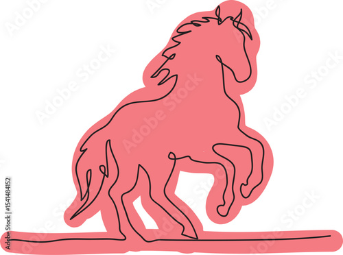 A full-length outline of a rearing horse, hand drawn with simple black curved lines and loosely colored in warm tones