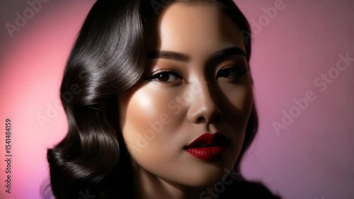 Elegant portrait of woman with wavy hair red lipstick