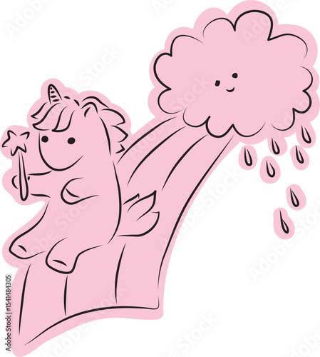 Cute little unicorn pony holding a magic wand and riding on a rainbow emerging from a rain cloud, drawn with simple black curved lines and casually colored in pink