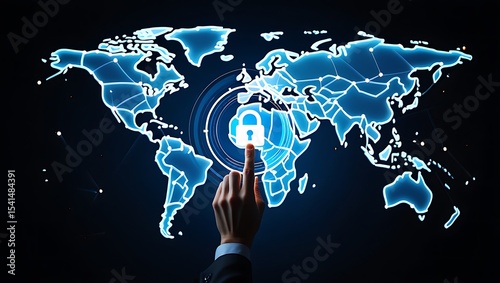 A hand interacts with a glowing blue digital world map showcasing global cybersecurity a padlock icon is centrally positioned indicating secure data protection and network safety the image