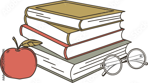 Illustration of a stack of three books with an apple and glasses on a white isolated background view