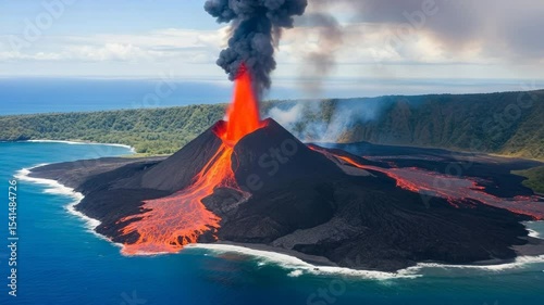 Volcanic eruption with lava flow smoke ocean
