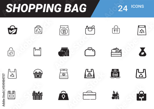 Icons of Shopping Bags: A graphic ensemble of 24 shopping bag icons, each meticulously designed in line art. These icons offer versatile representation for various design contexts. 
