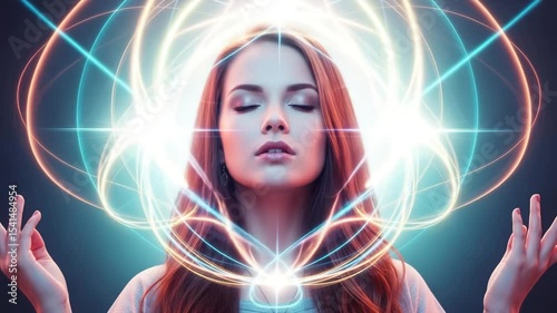 Meditative woman surrounded digital light effects