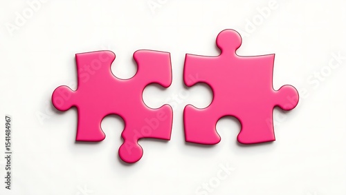 Two vibrant pink puzzle pieces almost connected on a stark white background showcasing a concept of unity partnership or teamwork the pieces have a slightly glossy finish and are positioned