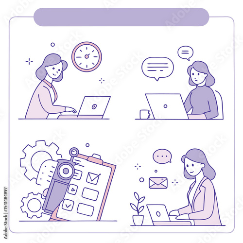 Illustration of a woman working on a laptop in different business scenarios