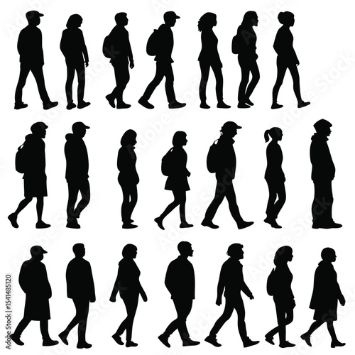 Collection of walking people silhouettes in various poses and wearing different clothing styles on white