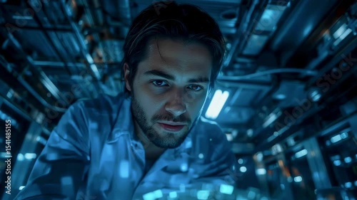 Scientist analyzing futuristic technology in a high-tech laboratory with glowing screens and machinery