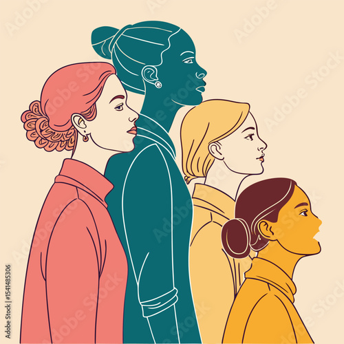 Diverse Group of Women Standing Together in Solidarity and Empowerment with Bold Colors